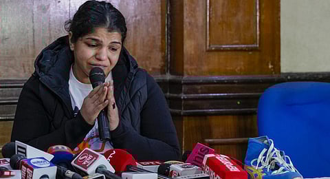 Wrestler Sakshi Malik at a press conference in Delhi, Thursday, Dec. 21, 2023. (Photo | PTI)