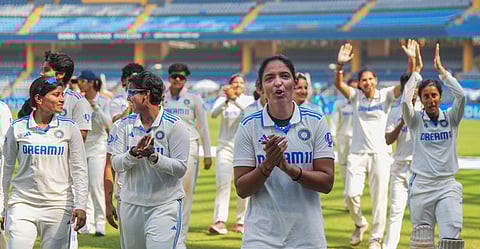 Indian captain Harmanpreet Kaur with teammates celebrates after India won the one-off Test cricket match against Australia, in Mumbai on Sunday, December 24, 2023. (Photo | PTI)