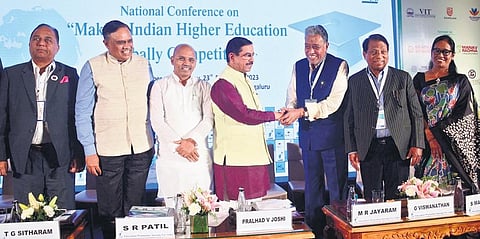 Union Parliamentary Affairs Minister Pralhad Joshi at a conference on ‘Making Indian Higher Education Globally Competitive’ in Bengaluru on Saturday.