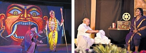 Artistes seen performing Telugu verse drama during the Nandi Natakotsavam in Guntur on Saturday I Express