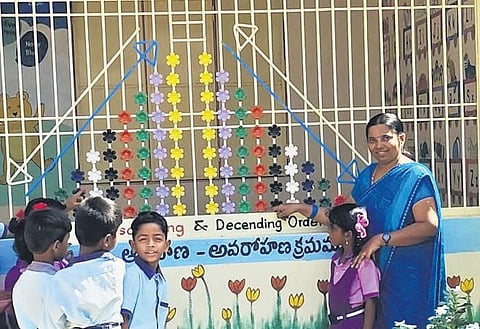 Mynapureddy Nagalakshmi Devi has been teaching with Teaching Learning Material that enables students to understand the basics of Mathematics. (Photo | Express)