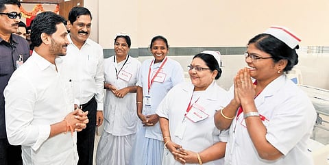 Chief Minister YS Jagan Mohan Reddy interacting with nurses after inaugurating the YSR Super-Speciality Hospital on the premises of RIMS in Kadapa | Express
