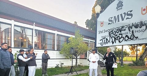 Slogans written on the walls of SMVS Swaminarayan Mandir in California | Express
