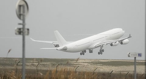 The plane grounded by police at the Vatry airport takes off Monday, Dec. 25, 2023 in Vatry, eastern France. (Photo | AFP)