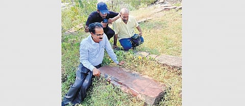 Archeologist Dr E Sivanagireddy examined the ruins of the temple and the inscription on Sunday (Photo | Express)