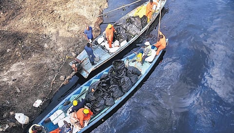 Workers remove water hyacinth during the process to clear the CPCL oil spill in Buckingham Canal at Ennore in Chennai | P Ravikumar