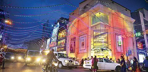 Commercial Street is lit up with colourful lights for New Year celebrations in Bengaluru | pushkar v