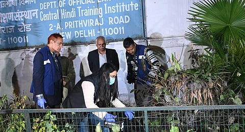 Delhi Police and forensics teams at the blast site near the Israel embassy in Delhi. No one was injured but an abusive letter was found at the site | Parveen Negi