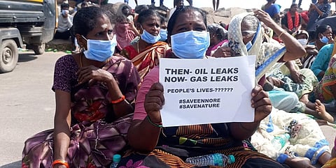 Residents staging a protest for the permanent closure of the plant. (Photo  | Express)