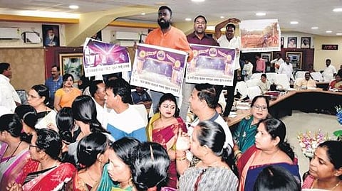 Opposition Congress and BJP created a ruckus demanding a discussion on alleged irregularities in the conduct of Baliyatra. 