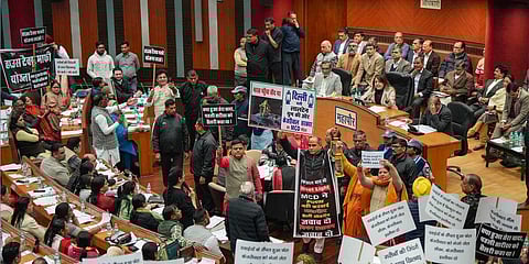 BJP councillors protest inside the Municipal Corporation of Delhi (MCD) House against the alleged fake medicine row during a session, in New Delhi, Thursday, Dec. 28, 2023. (PTI)