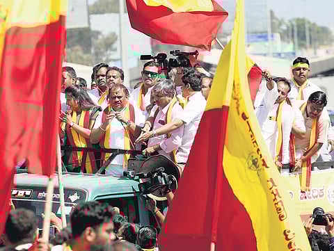 Karnataka Rakshana Vedike president Narayana Gowda leads a rally before activists resorted to vandalism in Bengaluru on Wednesday. (Photo | FILE PHOTO)