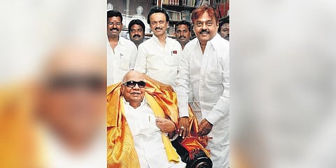 Vijayakant, when he was the leader of Opposition meets M Karunanidhi at his residence in Chennai | EXPRESS