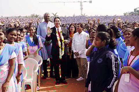 Member of the House of Representatives (HoR) of the Philippines Rufus B Rodriguez addressing 40,000 indigenous students of KISS at a special programme. (Photo | Express)