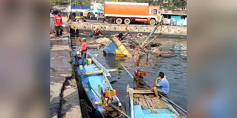 A view of fishing boats after fire incident at fishing harbour in Visakhapatnam.  (Express | G Satyanarayana)