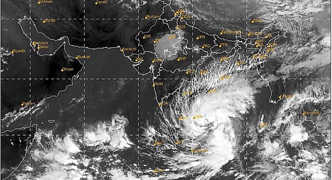 Satellite image taken between 01:00 pm and 01:27 pm IST shows the location of Cyclone Michaung in the Bay of Bengal, on Sunday, Dec. 3, 2023. (Photo | PTI)