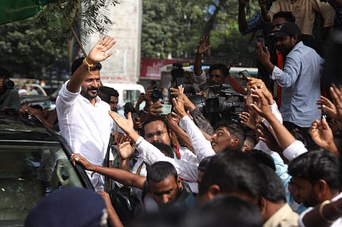 TPCC chief Revanth Reddy greeted at Gandhi Bhavan in Hyderabad by his supporters on Sunday (Express Photo | Sri Loganathan Velmurugan)