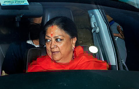 BJP leader Vasundhara Raje Scindia arrives at the party office after her victory in the Rajasthan Assembly elections (Photo | PTI)