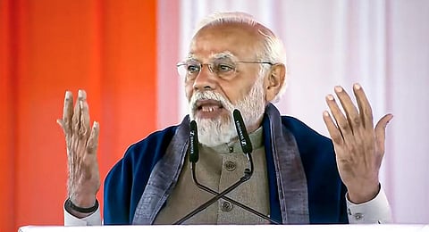 Prime Minister Narendra Modi addresses the gathering during inauguration and foundation stone laying ceremony of development projects worth over Rs 15,700 crore, in Ayodhya.(Photo | PTI)
