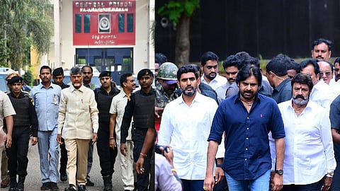 Janasena chief Pavan Kalyan, TDP general secretary Nara Lokesh, TDP leader and MLA Nandamuri Balakrishna come out of Rajahmundry central prison after meeting N Chandrababu. (Photo | Express)