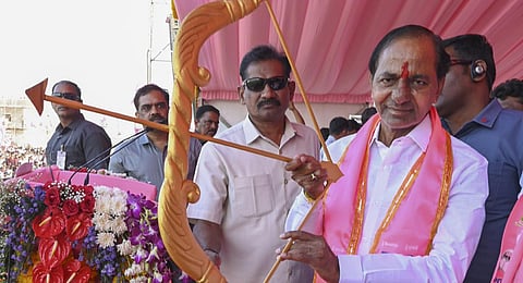 BRS president K Chandrashekar Rao during 'Praja Ashirvada Sabha' ahead of Telangana Assembly elections, in Gajwel, Nov. 28, 2023. (PTI Photo)