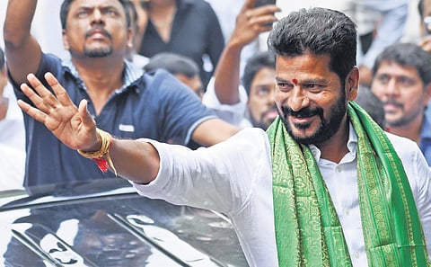 TPCC chief Revanth Reddy greets party supporters at his residence in Hyderabad on Sunday | vinay madapu