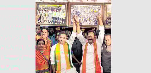 K Venkata Ramana Reddy, the BJP candidate from Kamareddy, celebrates his victory over BRS supremo K Chandrasekhar Rao and TPCC chief A Revanth Reddy with BJP state president G Kishan Reddy and others
