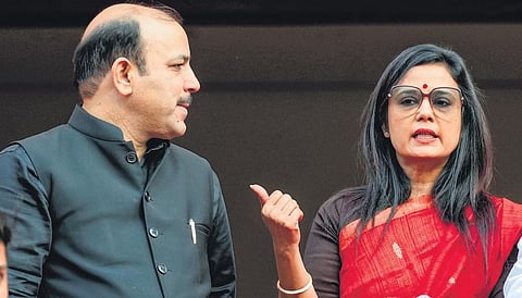 BSP MP Kunwar Danish Ali and TMC MP Mahua Moitra on the first day of the winter session of Parliament, in New Delhi, Monday | PTI