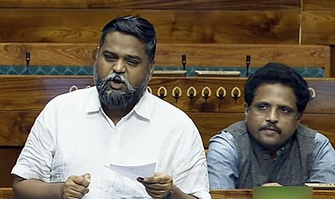Dravida Munnetra Kazhagam MP DNV Senthil Kumar (L) speaks in the Lok Sabha during the Winter Session of Parliament, in New Delhi on Tuesday. (Screengrab | SansadTV)