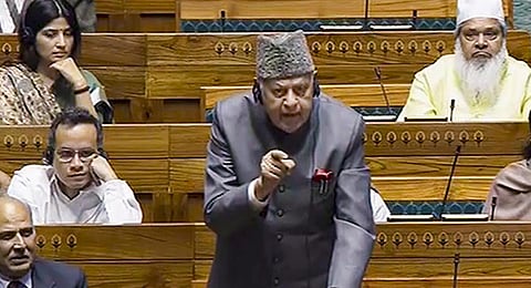 J&K National Conference MP Farooq Abdullah speaks in the Lok Sabha during the Winter session of Parliament, in New Delhi, Wednesday, Dec. 6, 2023. (Photo | PTI)