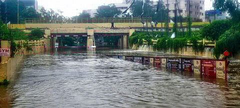 A flooded underpass after heavy rainfall owing to Cyclone Michaung, in Nellore, Andhra Pradesh, Tuesday, Dec. 5, 2023. (Photo | PTI)