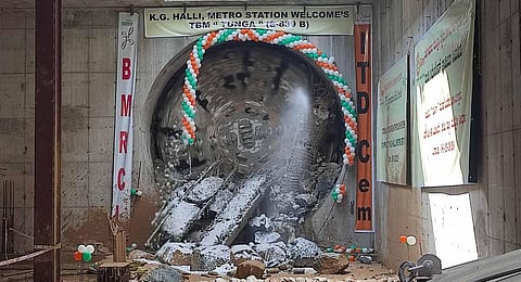 Bengaluru Metro's TBM Tunga having its breakthrough at KG Halli Metro stn today. (Photo | Express)