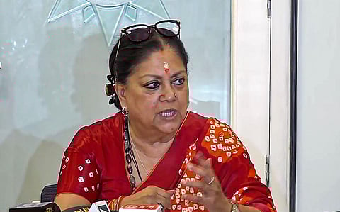 FILE - BJP leader and former Rajasthan CM Vasundhara Raje Scindia addresses a press conference in Jaipur, Sunday, Dec. 3, 2023. (PTI Photo)
