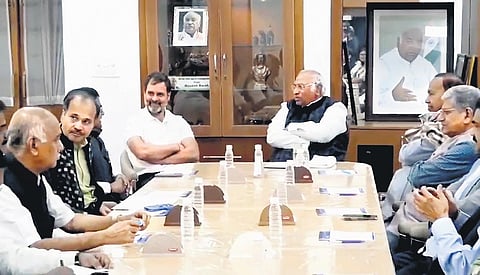 Congress leader Rahul Gandhi and other leaders of the INDIA bloc meet at party president Mallikarjun Kharge’s residence in New Delhi on Wednesday | pti