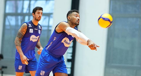 Brazilian men’s volleyball team Itambé Minas practicing at the Padukone-Dravid Centre for Sports Excellence in Yelahanka. (Photo | Express)