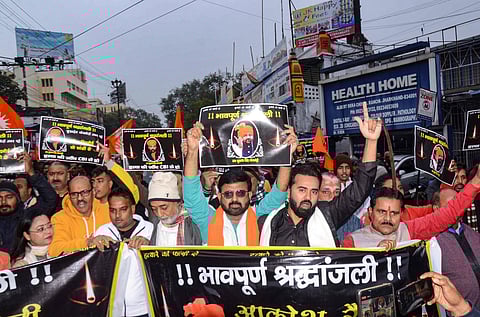 Shri Rashtriya Rajput Karni Sena supporters raise slogans during a protest over the killing of their leader Sukhdev Singh Gogamedi, in Ranchi, Wednesday, Dec. 6, 2023. (PTI)