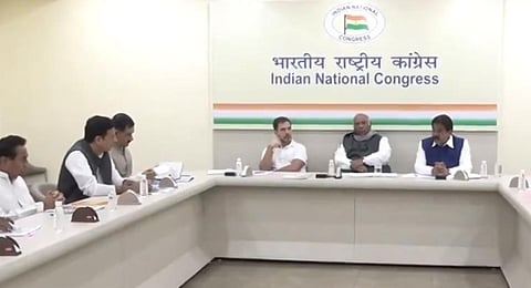 Congress president Mallikarjun Kharge and other party leaders during the review meeting at the All India Congress Committee headquarters in Delhi, on Friday. (Photo | X@INCIndia)