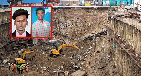 Rescue operation underway after the structure caved in at a construction site, on the Five Furlong Road-Velachery Main Road junction; 20-year-old S Naresh and 32-year-old Jayaseelan. (Photo | Express)