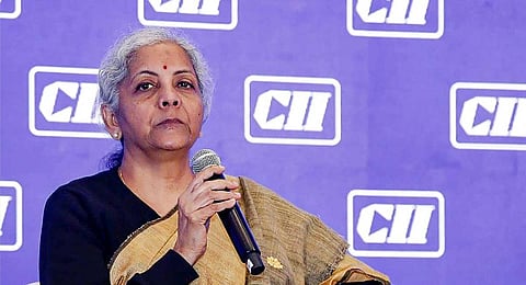 Union Finance Minister Nirmala Sitharaman addresses the audience at the CII Global Economic Policy Forum 2023, in New Delhi, Thursday, Dec. 7, 2023. (PTI)