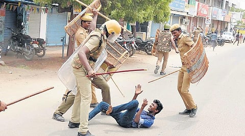 Police personnel beating up a protester during the anti-Sterlite demonstration in Thoothukudi in 2018 | File photo