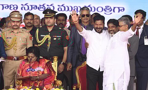 Telangana CM Revanth Reddy and Dy CM Mallu Bhatti Vikramarka after taking oath at the swearing-in ceremony, in Hyderabad, Thursday | Vinay Madapu