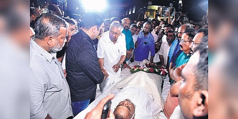 Chief Minister Pinarayi Vijayan along with cabinet ministers consoling Kanam Rajendran’s son Sandeep after paying tributes in Kochi on Friday | A Sanesh