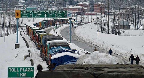 Vehicles stuck at Qazigund after the Jammu-Srinagar national highway was closed for traffic for the second consecutive day due to a landslide in Ramban district, Tuesday, Jan. 31, 2023. (PTI)