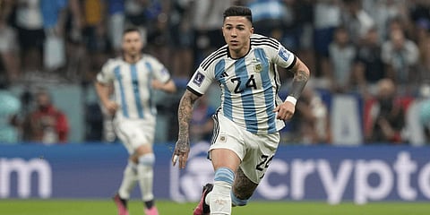 Argentina's Enzo Fernandez runs with the ball during the World Cup semifinal soccer match between Argentina and Croatia at the Lusail Stadium in Qatar.(Photo | AP)