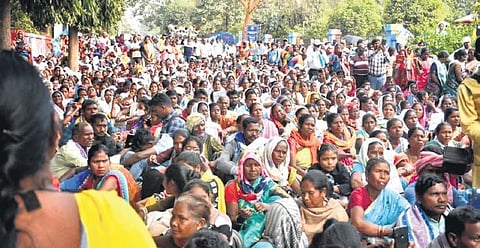 Tribals staging protest near Rourkela ADM office  on Tuesday. (Photo I Express)