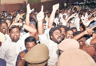 DMK partymen shouting slogans against the speakers of other political parties and activists during the meeting in Chennai | P JAWAHAR