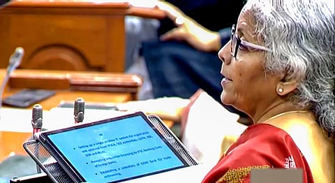 Union Finance Minister Nirmala Sitharaman presents the Union Budget 2023-24 in the Lok Sabha, in New Delhi, Feb. 1, 2023. (Photo | PTI)