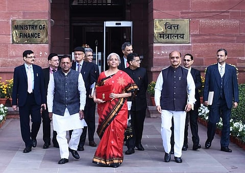 Finance Minister Nirmala Sitharaman with the Budget Papers outside Finance Ministry in New Delhi on Wednesday. (Photo | Parveen Negi, EPS)