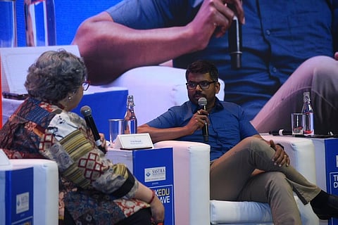 Author and advocate J Sai Deepak speaks during a discussion on 'India and Bharat: Evolution or Revolution?' at TNIE's ThinkEdu conclave in Chennai, Feb.9, 2023. (Photo |  R Satish Babu, EPS)