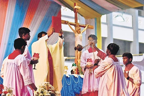 Bishop T Rajarao & other head priests of the Mother Mary shrine during the holy ceremony at Gunadala in Vijayawada on Thursday | Prasant Madugula